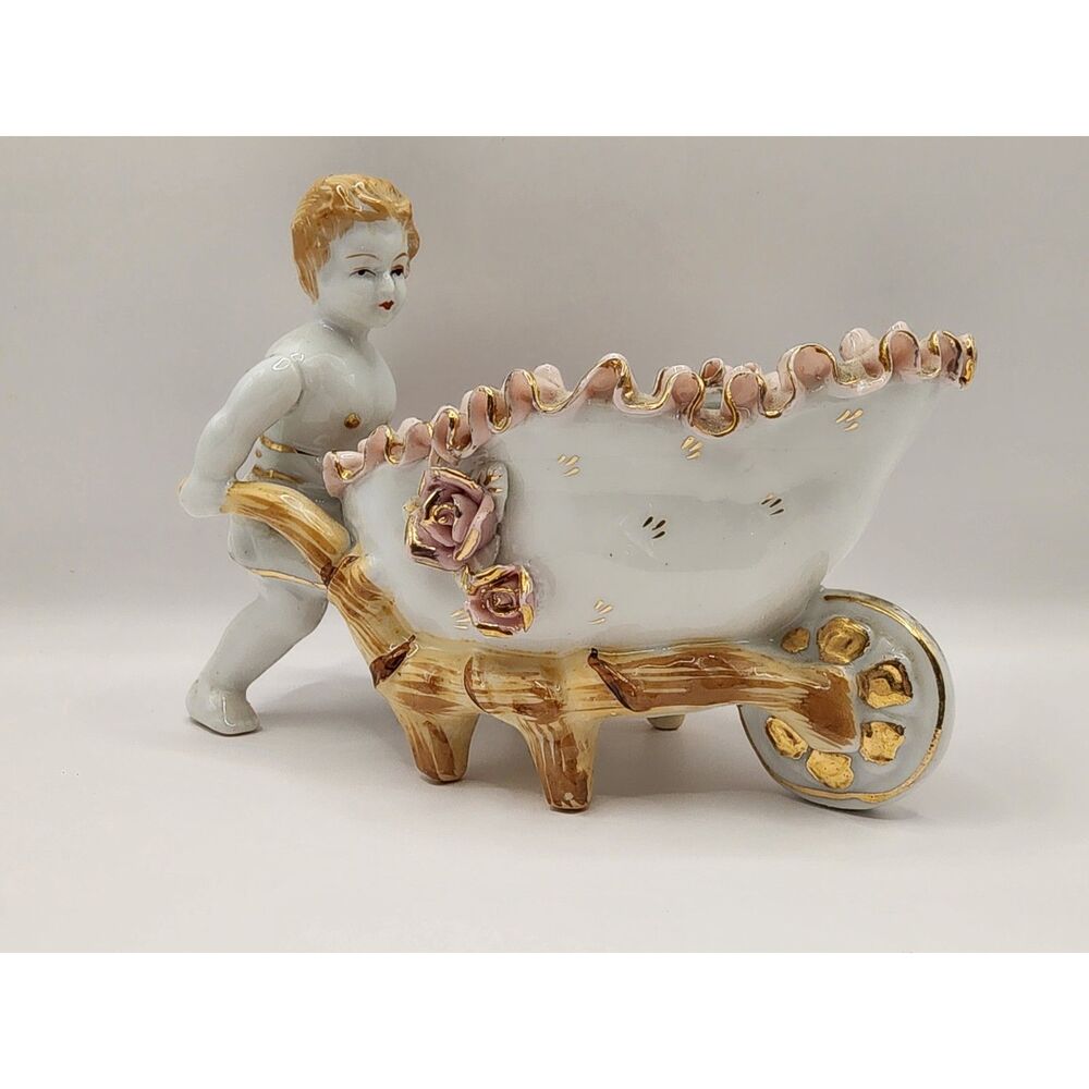 Vintage Japan Porcelain Cherub Angel Flower Wheelbarrow Figurine 6in
